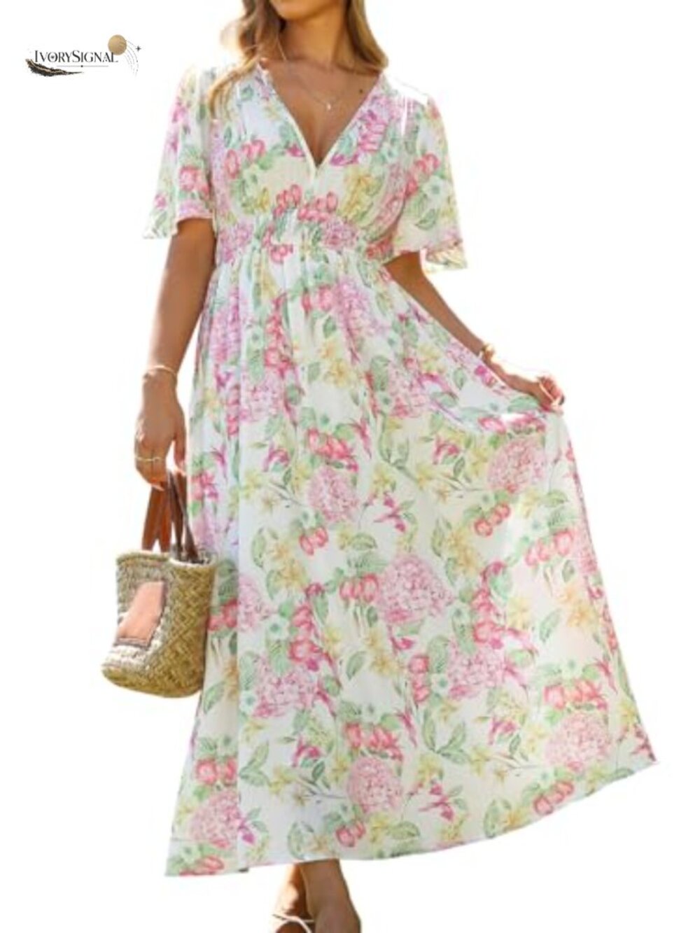Women's Floral Maxi Dress Short Sleeve V Neck A-Line Boho Wedding Guest